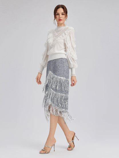 İpek Kollu Dantel ve İnci Detaylı Triko Bluz