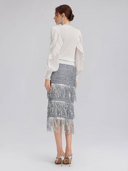 İpek Kollu Dantel ve İnci Detaylı Triko Bluz