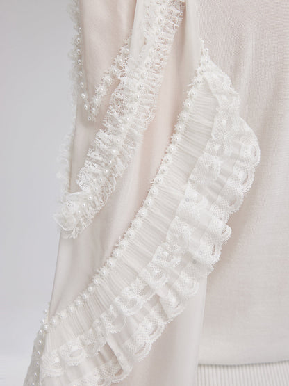 İpek Kollu Dantel ve İnci Detaylı Triko Bluz