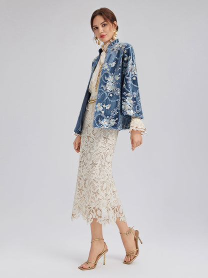 Çiçekli Pullu Nakışlı Truvakar Kol Kadife Ceket