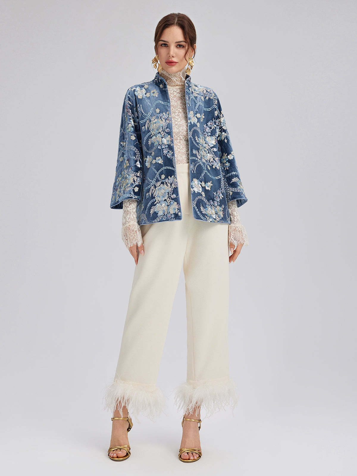 Yüksek Bel Tüy Detaylı Pantolon