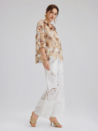 Taşlı Nakışlı Çiçekli Dantel V Yaka Bluz