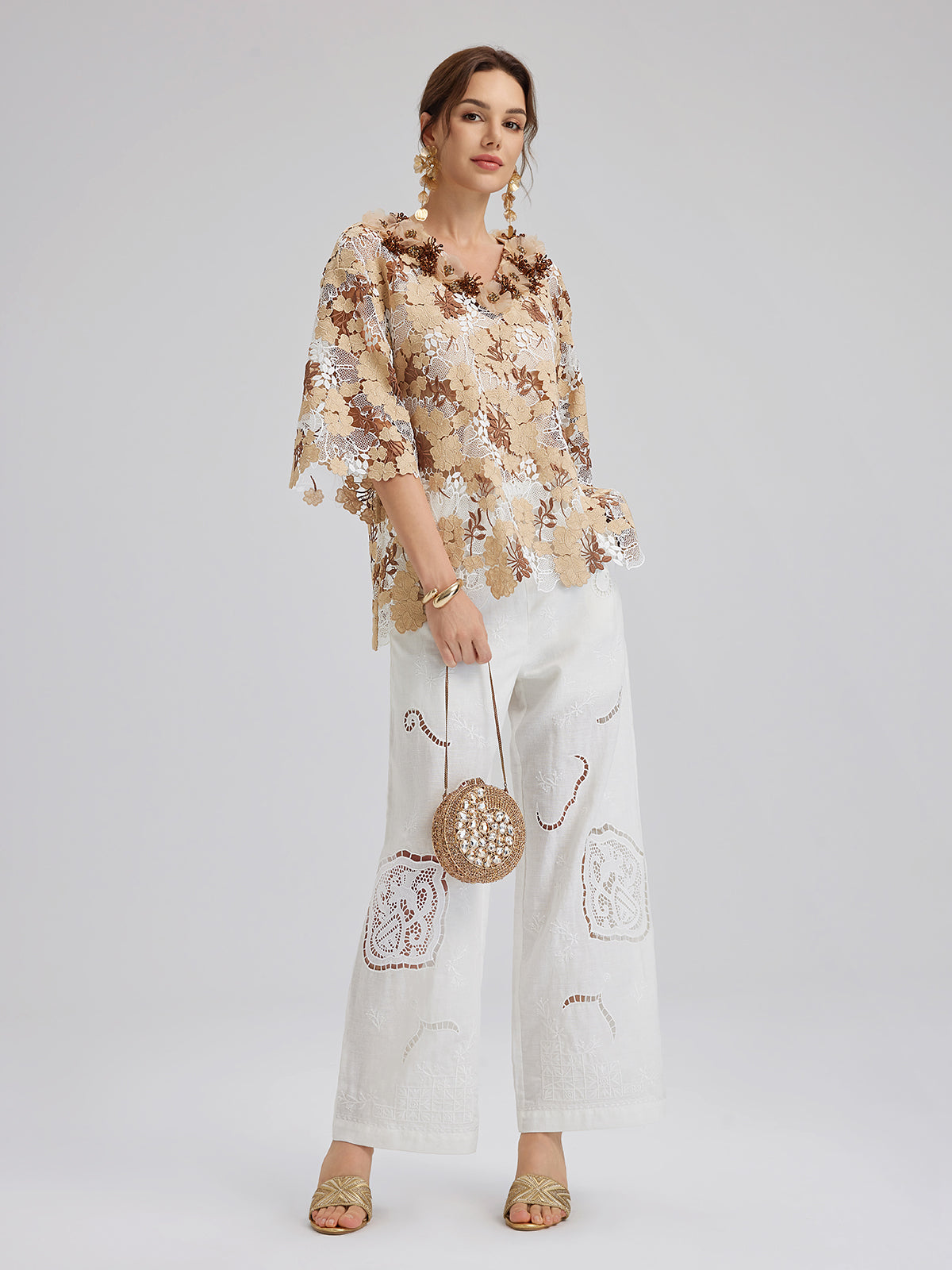 Keten Nakışlı Delikli Tatil Pantolonu