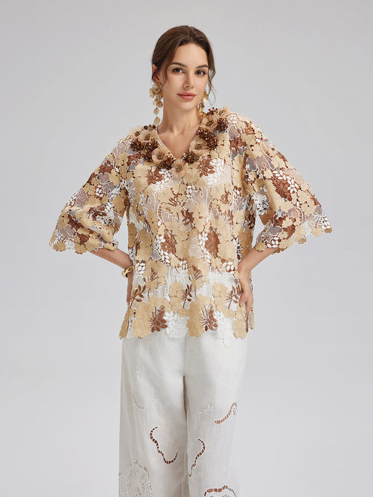 Taşlı Nakışlı Çiçekli Dantel V Yaka Bluz