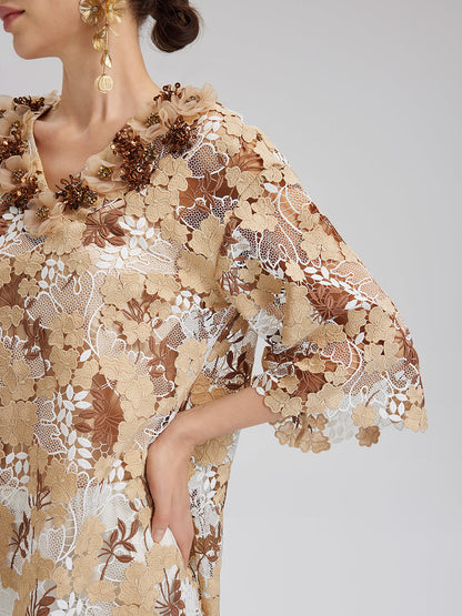 Taşlı Nakışlı Çiçekli Dantel V Yaka Bluz