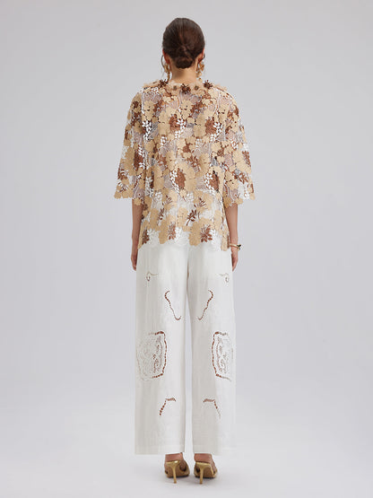 Taşlı Nakışlı Çiçekli Dantel V Yaka Bluz