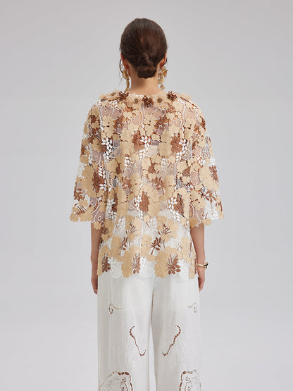 Taşlı Nakışlı Çiçekli Dantel V Yaka Bluz
