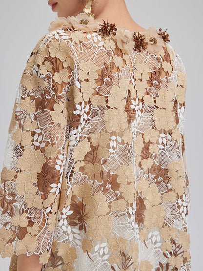 Taşlı Nakışlı Çiçekli Dantel V Yaka Bluz