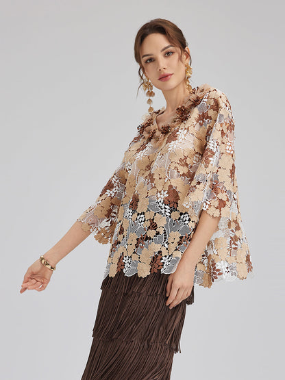 Taşlı Nakışlı Çiçekli Dantel V Yaka Bluz