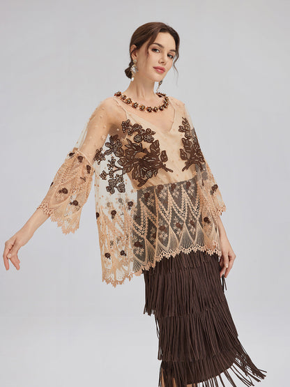 El İşlemesi Pullu Nakışlı Çiçekli Dantel Bluz