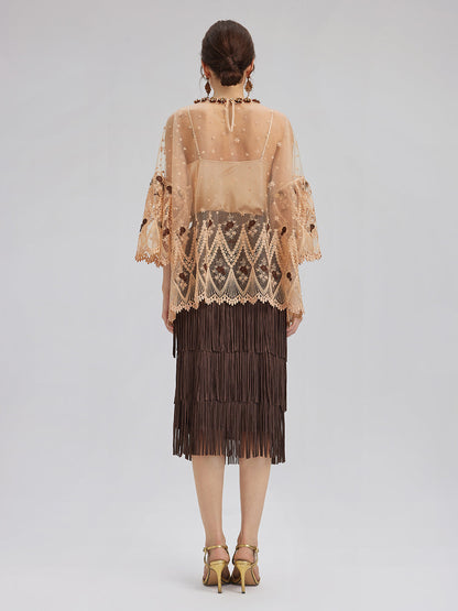 El İşlemesi Pullu Nakışlı Çiçekli Dantel Bluz