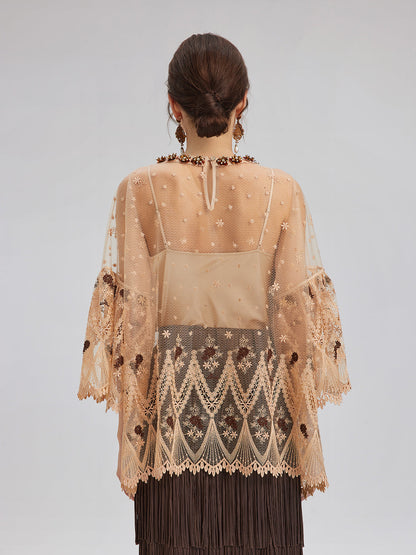 El İşlemesi Pullu Nakışlı Çiçekli Dantel Bluz