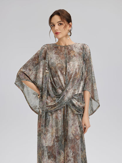 Varak Baskılı Simli Triko Kruvaze Bluz