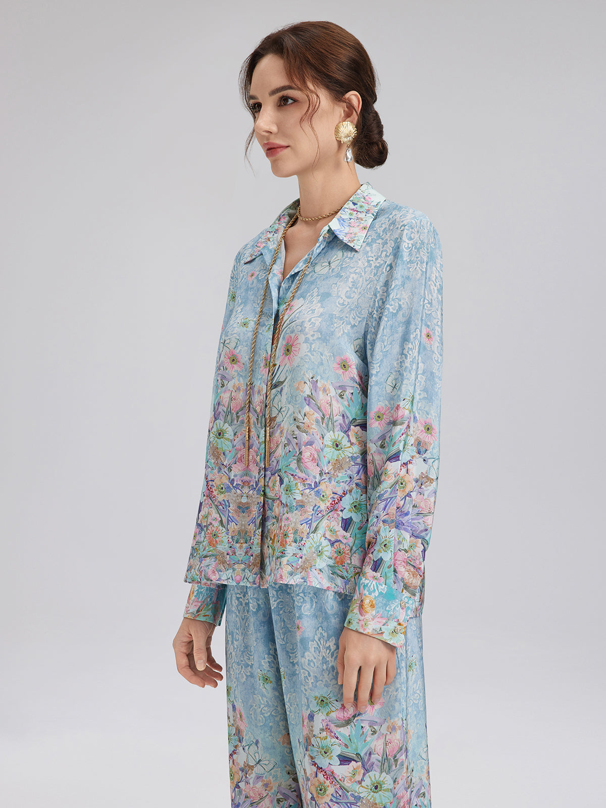 İpek Çift Krep Desenli Fransız Gömlek