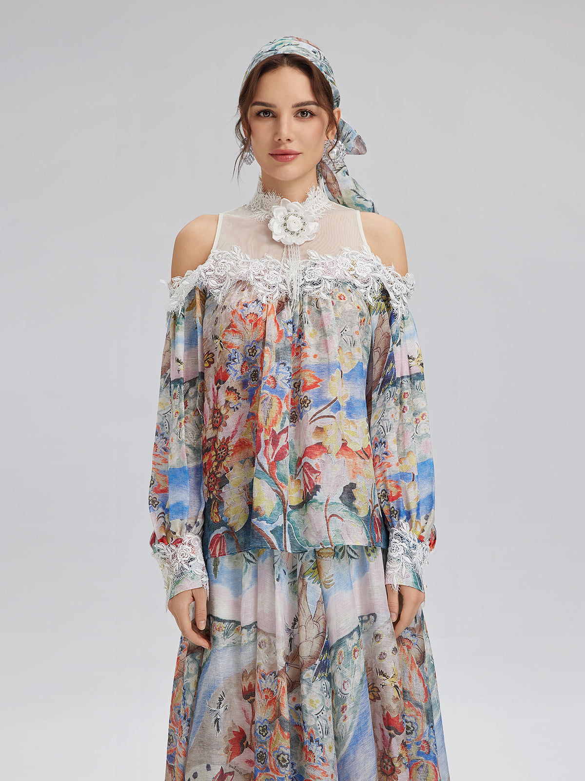 Yağlı Boya Desenli İpek-Keten File Bluz