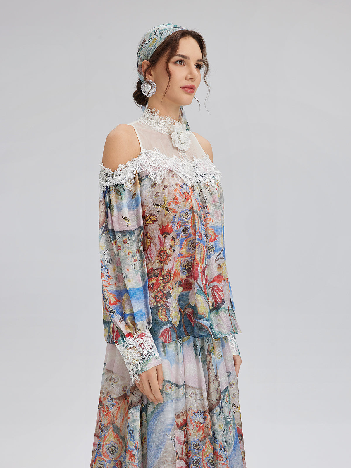 Yağlı Boya Desenli İpek-Keten File Bluz