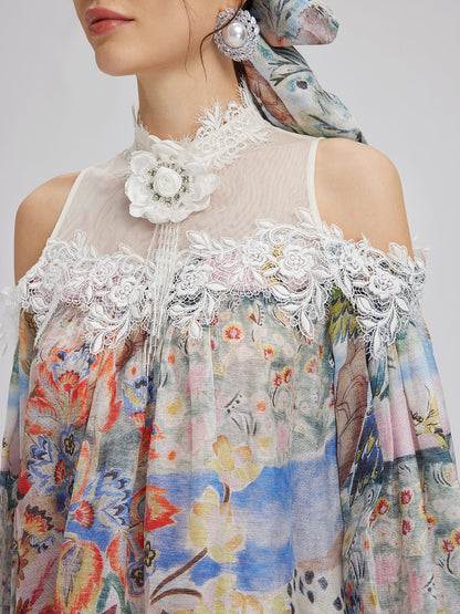 Yağlı Boya Desenli İpek-Keten File Bluz