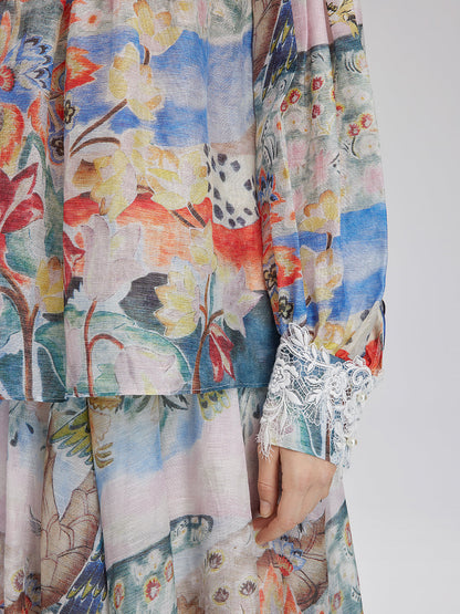 Yağlı Boya Desenli İpek-Keten File Bluz