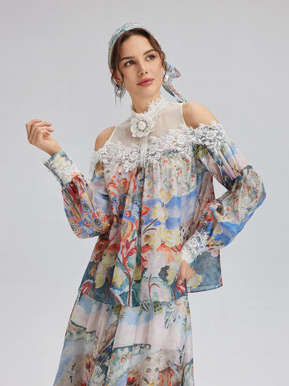 Yağlı Boya Desenli İpek-Keten File Bluz