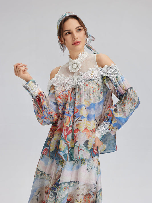 Yağlı Boya Desenli İpek-Keten File Bluz