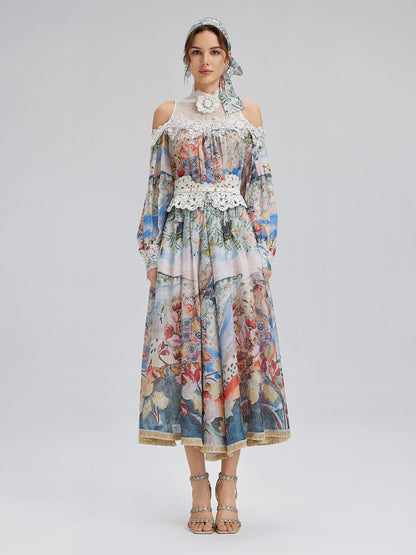 Yağlı Boya Desenli İpek-Keten File Bluz