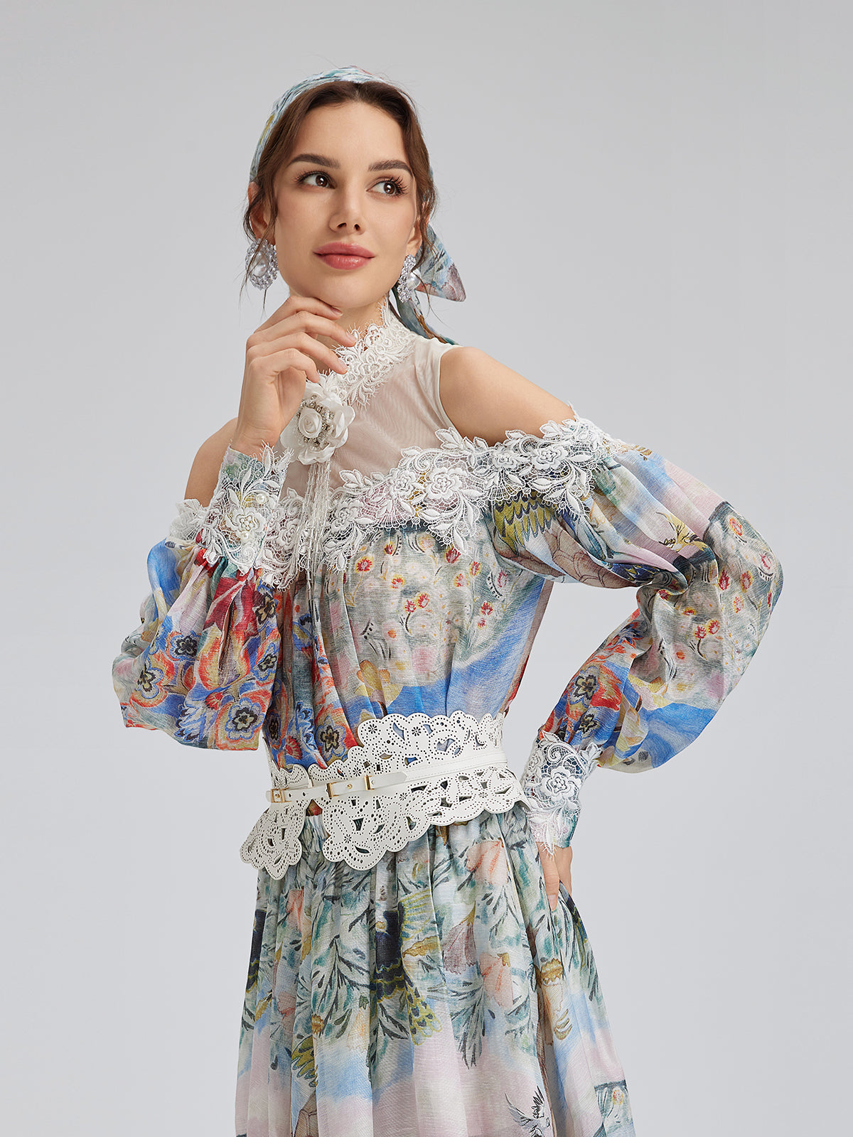 Yağlı Boya Desenli İpek-Keten File Bluz