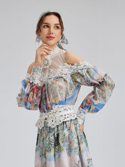Yağlı Boya Desenli İpek-Keten File Bluz