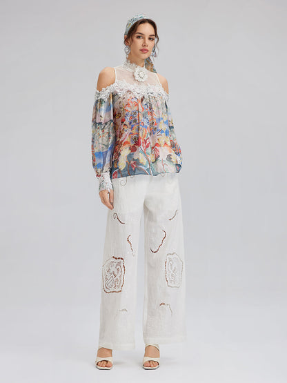 Yağlı Boya Desenli İpek-Keten File Bluz