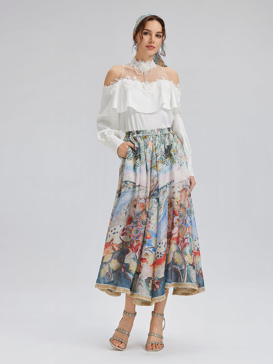 Yağlı Boya Desenli İpek-Keten Etek