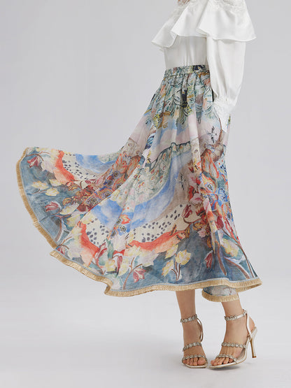 Yağlı Boya Desenli İpek-Keten Etek