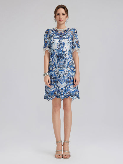 Güpür Dantel El İşlemesi Taşlı Mini Elbise