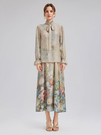 Empresyonist Çiçekli İpek Bağlamalı Bluz