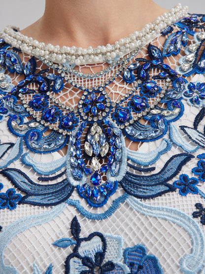 Güpür Dantel El İşlemesi Taşlı Mini Elbise