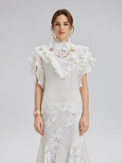 Fırfırlı Dantel Kenarlı İpek-Keten Bluz
