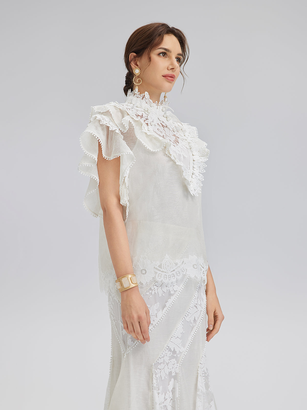 Fırfırlı Dantel Kenarlı İpek-Keten Bluz