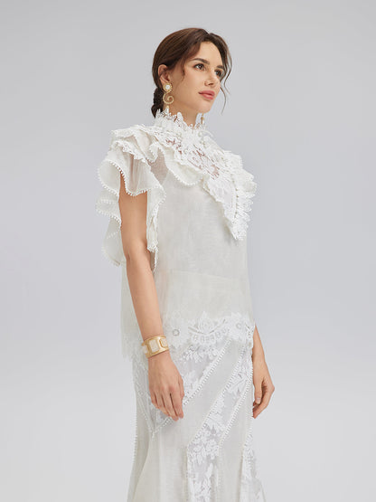 Fırfırlı Dantel Kenarlı İpek-Keten Bluz