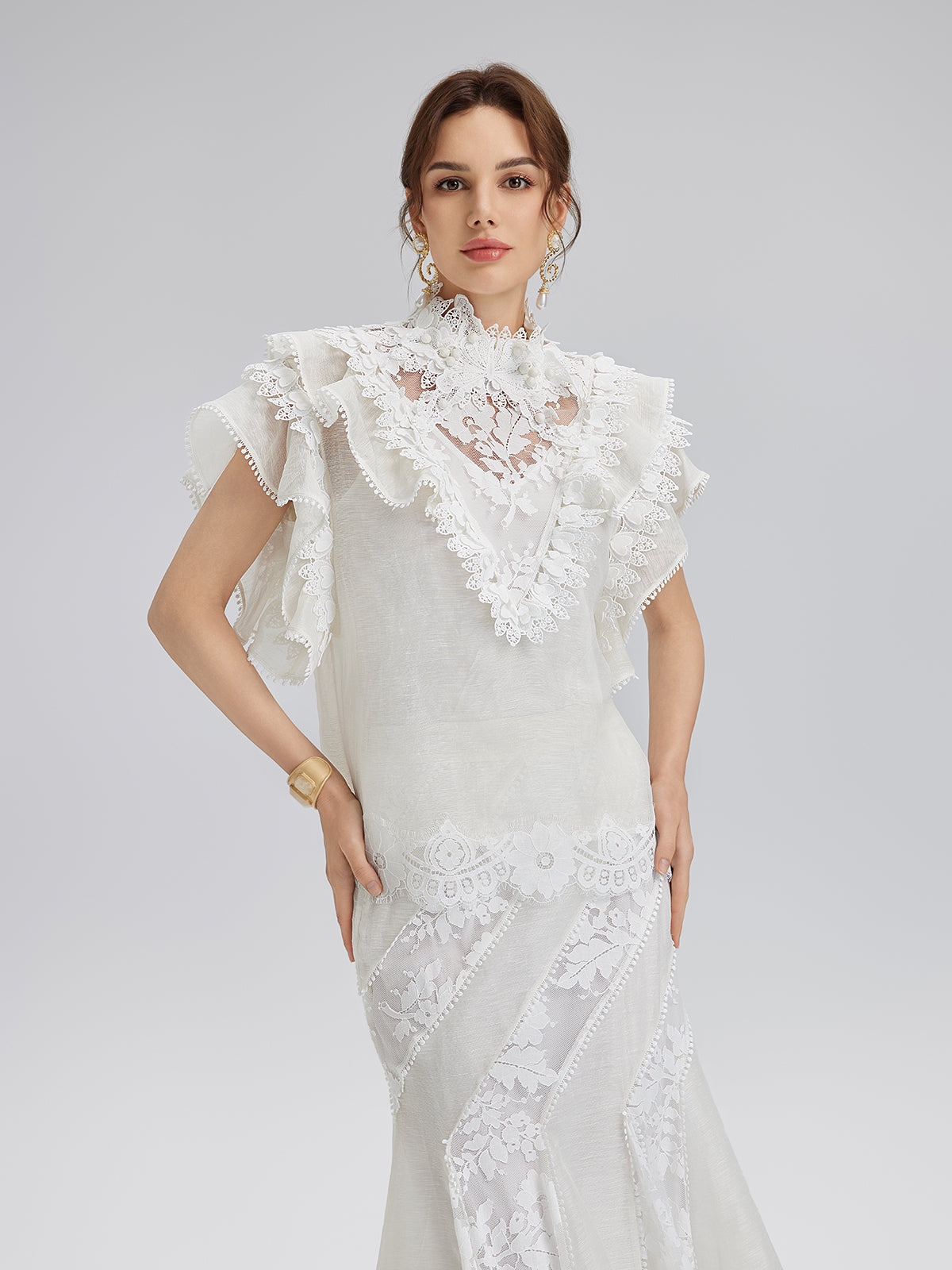 Fırfırlı Dantel Kenarlı İpek-Keten Bluz