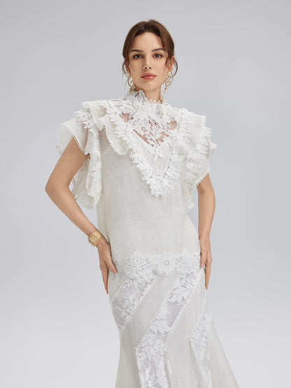 Fırfırlı Dantel Kenarlı İpek-Keten Bluz