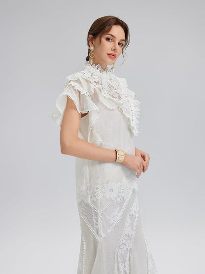 Fırfırlı Dantel Kenarlı İpek-Keten Bluz