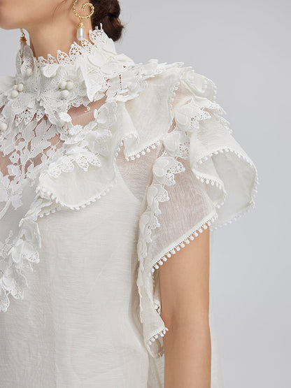 Fırfırlı Dantel Kenarlı İpek-Keten Bluz