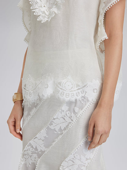 Fırfırlı Dantel Kenarlı İpek-Keten Bluz