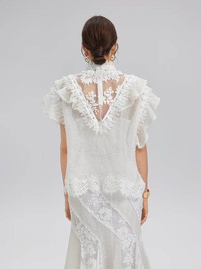 Fırfırlı Dantel Kenarlı İpek-Keten Bluz