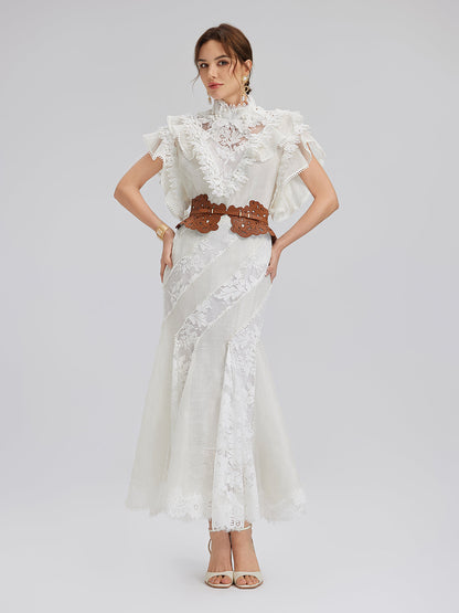 Fırfırlı Dantel Kenarlı İpek-Keten Bluz