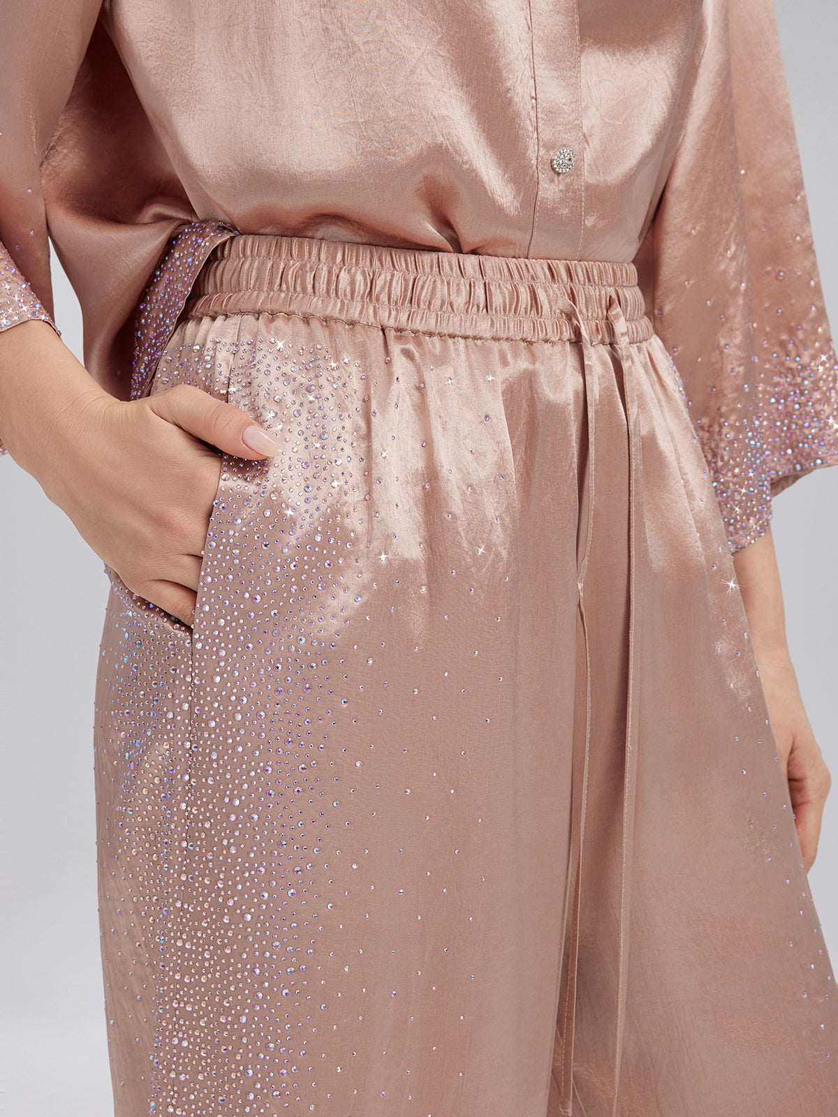 Taşlı Beli Lastikli Bol Pantolon