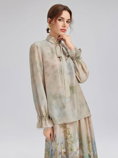 Empresyonist Çiçekli İpek Bağlamalı Bluz