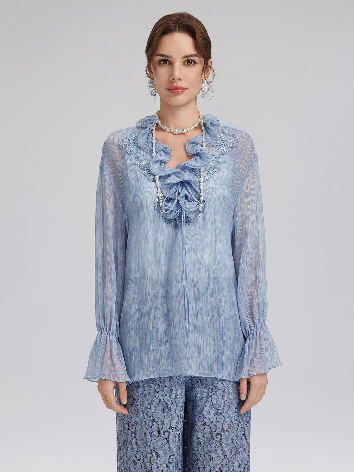 Boyama Efektli El İşlemeli Boncuklu Fırfırlı İpek Bluz