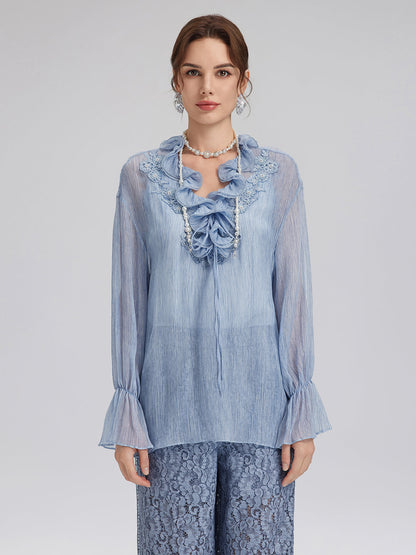 Boyama Efektli El İşlemeli Boncuklu Fırfırlı İpek Bluz