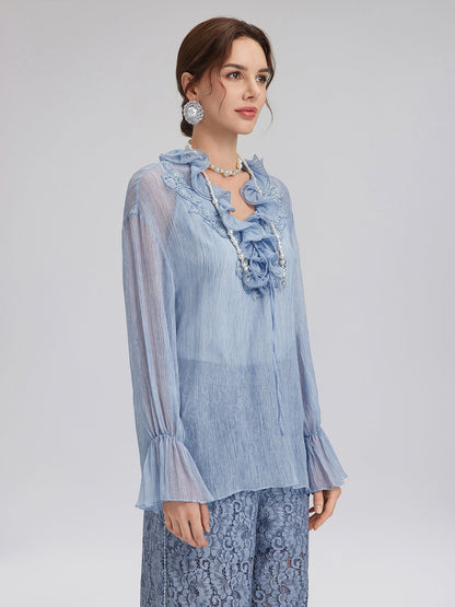 Boyama Efektli El İşlemeli Boncuklu Fırfırlı İpek Bluz