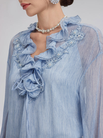 Boyama Efektli El İşlemeli Boncuklu Fırfırlı İpek Bluz