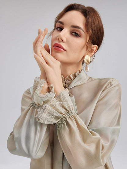 Empresyonist Çiçekli İpek Bağlamalı Bluz